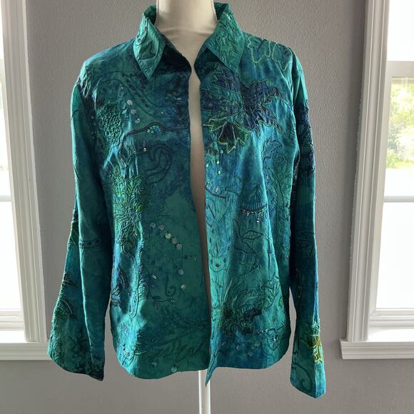 Chico's Aqua Blue Green 100% Silk Jacket Sequins Embroidery Size 2 - Picture 1 of 9